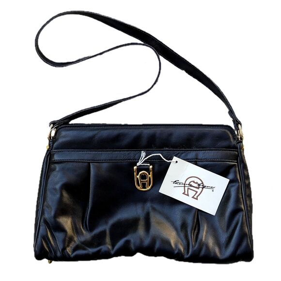Vintage ETIENNE AIGNER Full Grain Leather Logo Shoulder Bag, Goldtone Hardware - Picture 1 of 16